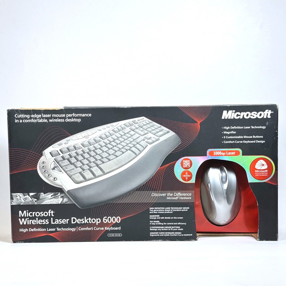 New Microsoft Wireless Laser Desktop 6000 Keyboard and Mouse Set Silver Grey